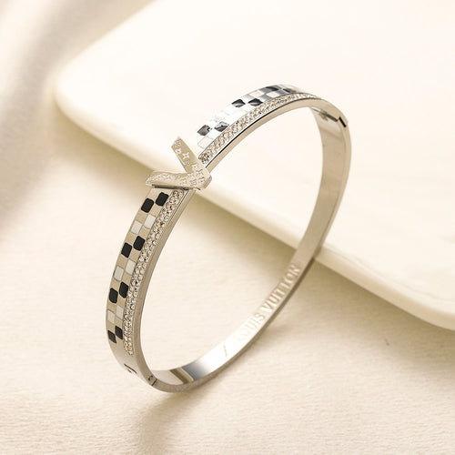 304 Stainless Steel Checkerboard V-Motif Pave Bangle Bracelet