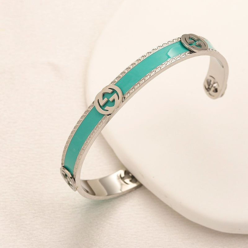 304 Stainless Steel Turquoise Inlay Interlocking-G Cuff Bracelet