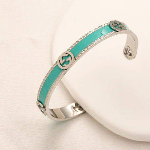 304 Stainless Steel Turquoise Inlay Interlocking-G Cuff Bracelet