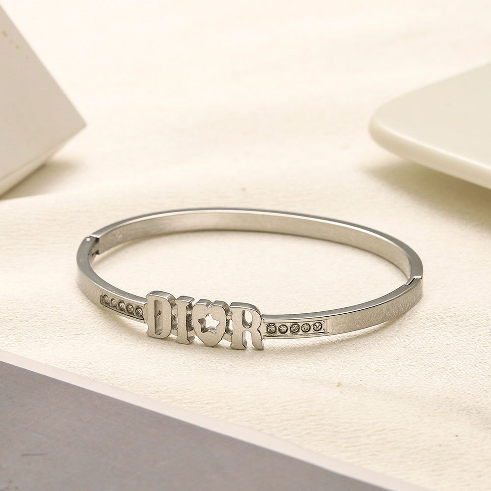 304 Stainless Steel Lettering Pave-Edge Bangle Bracelet
