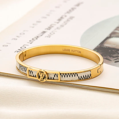 304 Stainless Steel Color-Inlay Round Monogram Bangle Bracelet