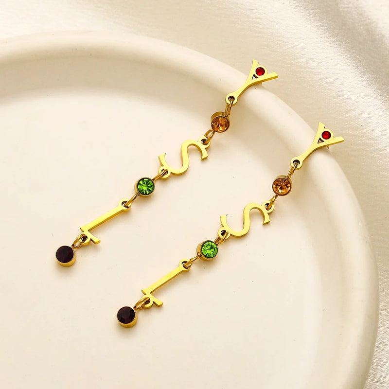 304 Stainless Steel Colored Stone Letter Dangle Earrings