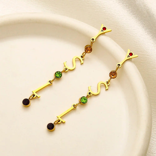 304 Stainless Steel Colored Stone Letter Dangle Earrings