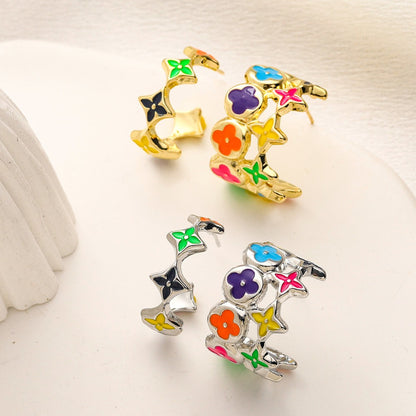 304 Stainless Steel Colorful Flower & Star Hoop Earrings