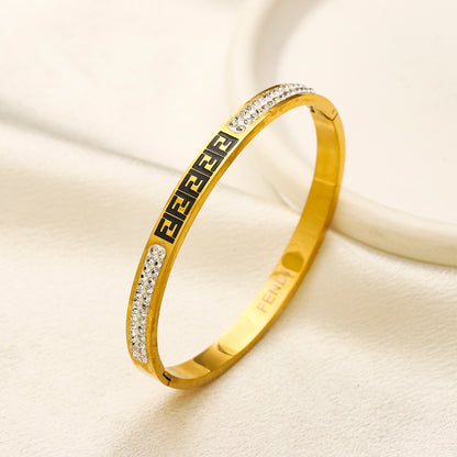 304 Stainless Steel Color-Inlay Lettering Pave Bangle Bracelet