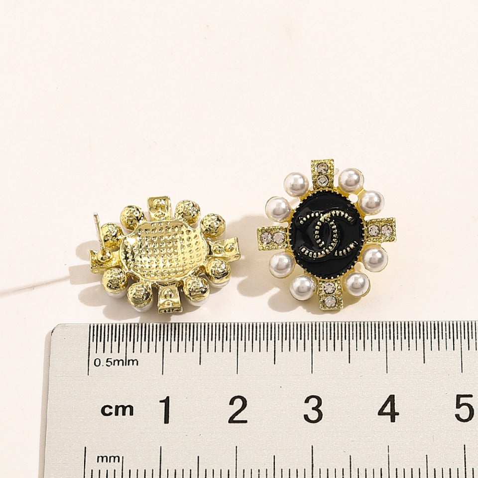 Alloy Black Medallion Pearl-Effect Cluster Stud Earrings