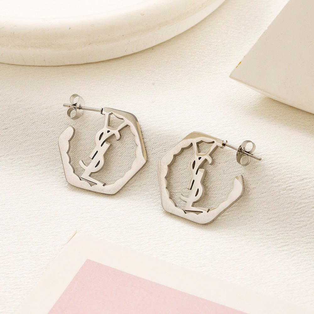 304 Stainless Steel Octagonal Monogram Hoop Earrings