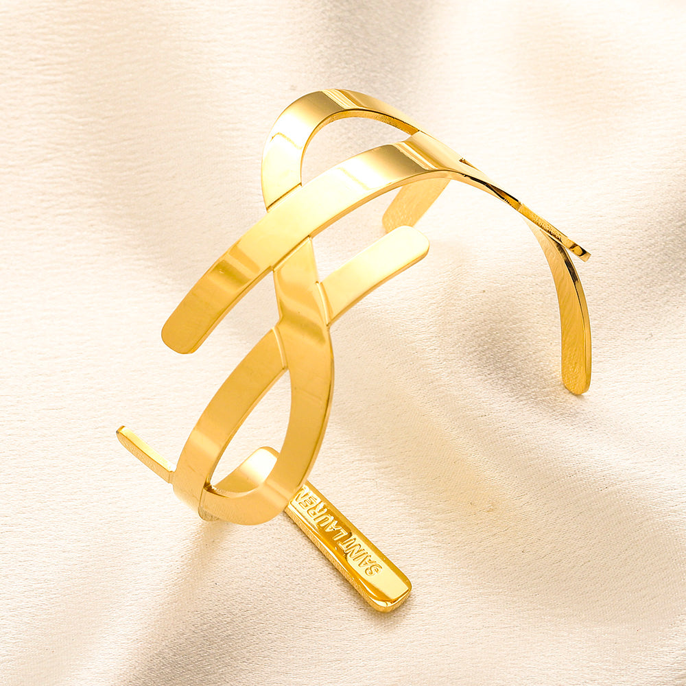 304 Stainless Steel Open Double-Band Monogram Cuff Bracelet