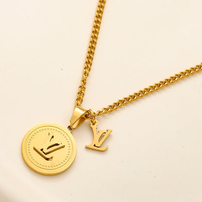 304 Stainless Steel Round Medallion & Monogram Charm Necklace