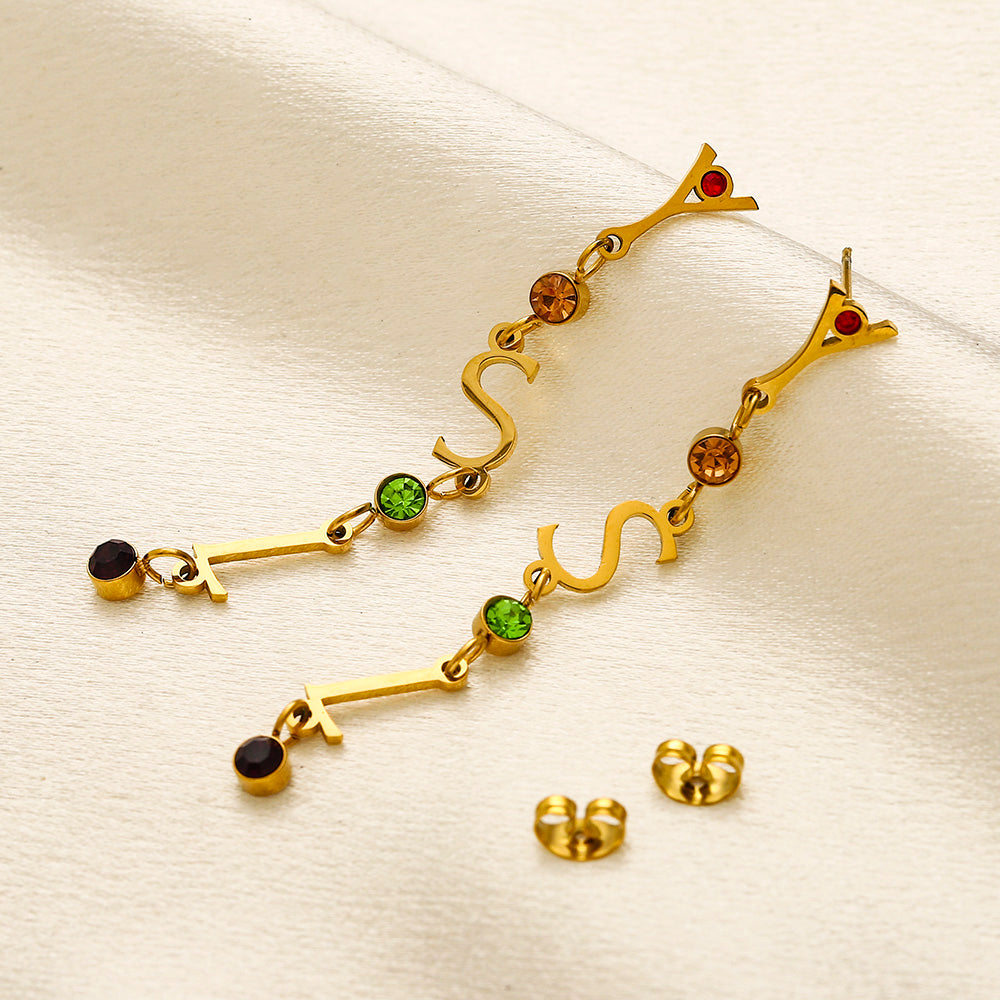 304 Stainless Steel Colored Stone Letter Dangle Earrings