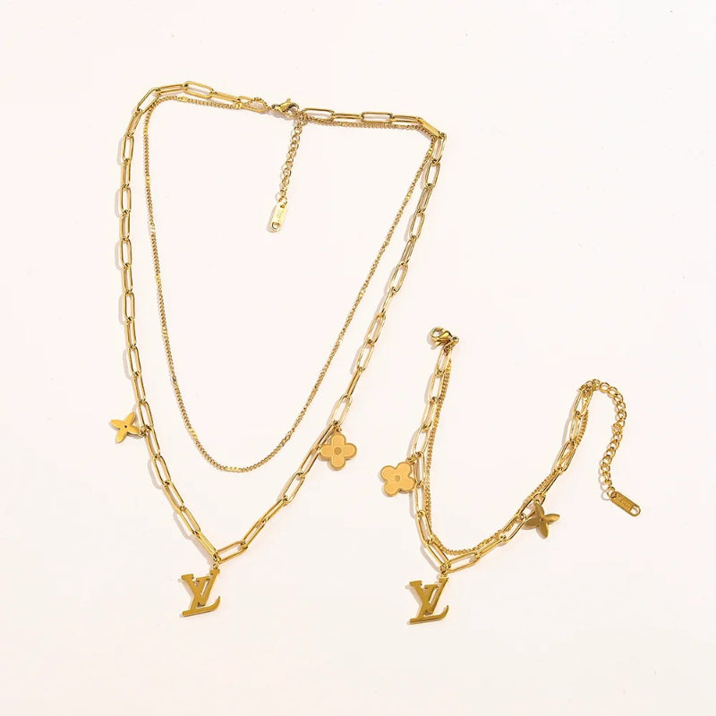 304 Stainless Steel Layered Paperclip Floral Bracelet & Necklace - Individual or Set