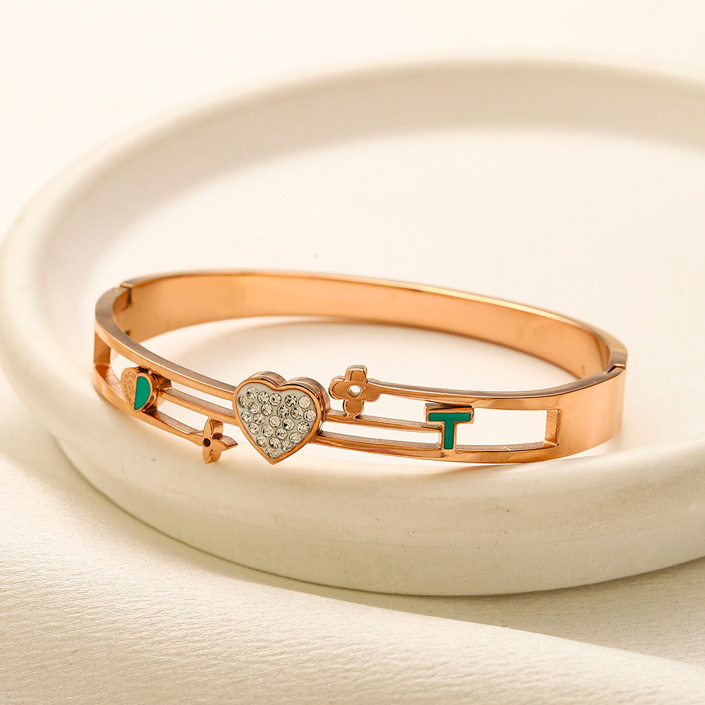 304 Stainless Steel Color-Block Heart & Letter Bangle Bracelet