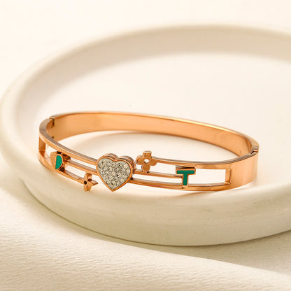 304 Stainless Steel Color-Block Heart & Letter Bangle Bracelet
