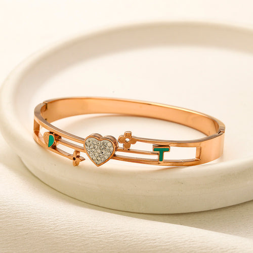 304 Stainless Steel Color-Block Heart & Letter Bangle Bracelet