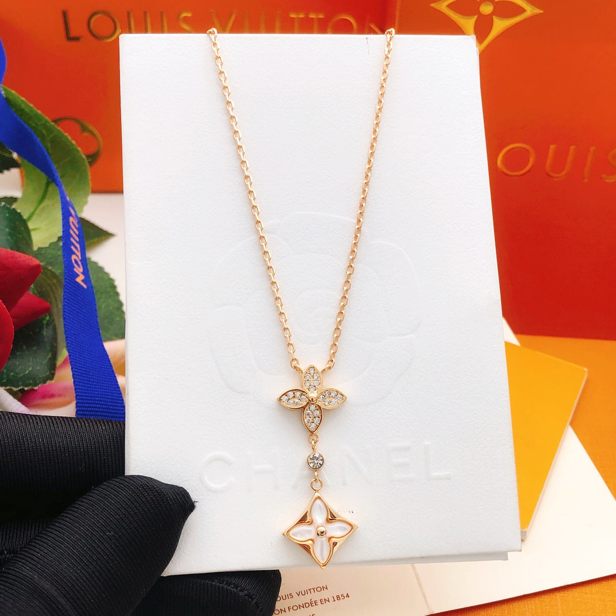 Flower & Open-Square Drop Necklace