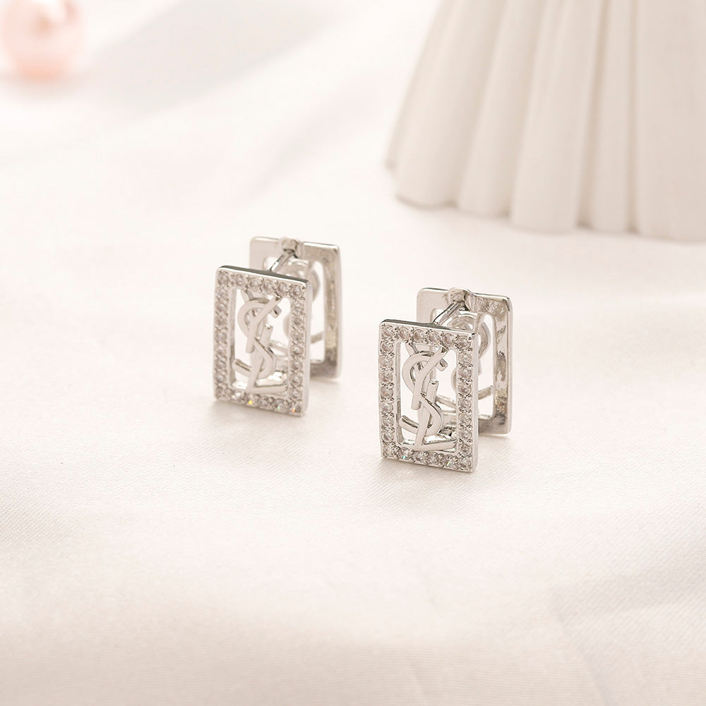 304 Stainless Steel Pave Rectangle Monogram Stud Earrings