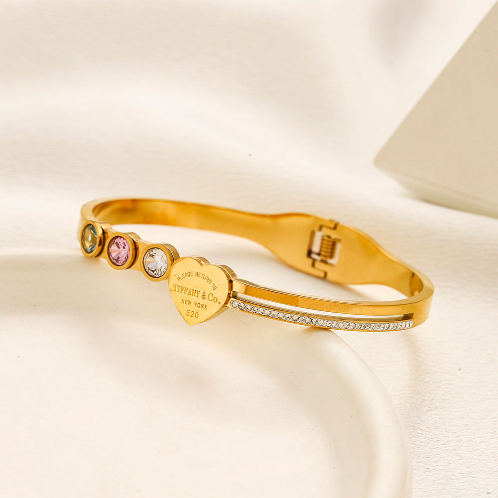 304 Stainless Steel Pastel Stone & Heart Bangle Bracelet