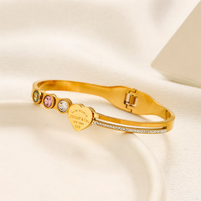 304 Stainless Steel Pastel Stone & Heart Bangle Bracelet