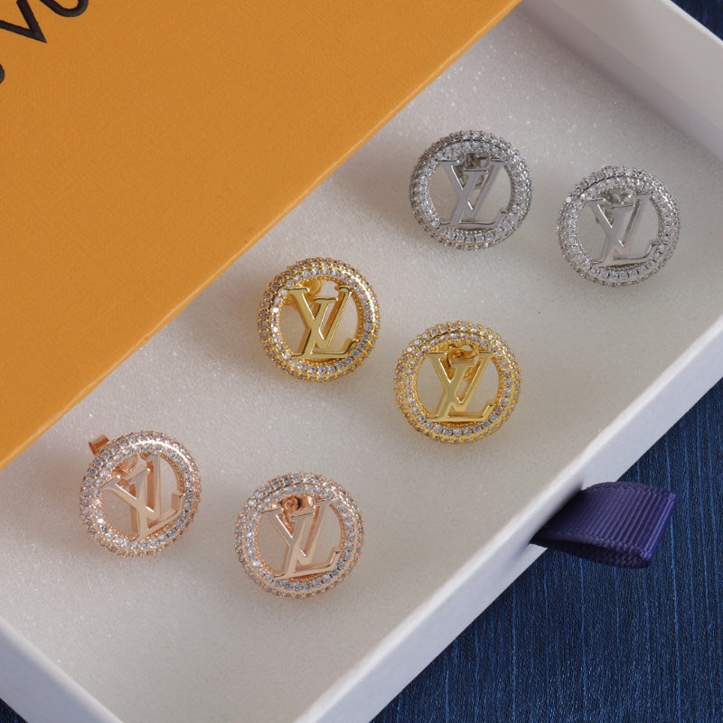 Pave-Rim Round Monogram Stud Earrings