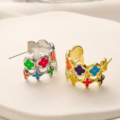 304 Stainless Steel Colorful Flower & Star Hoop Earrings
