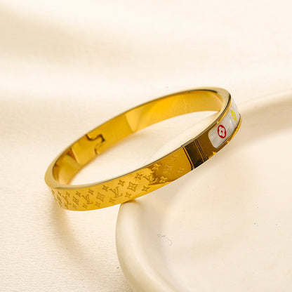 304 Stainless Steel White-Inlay Colorful Monogram Bangle Bracelet