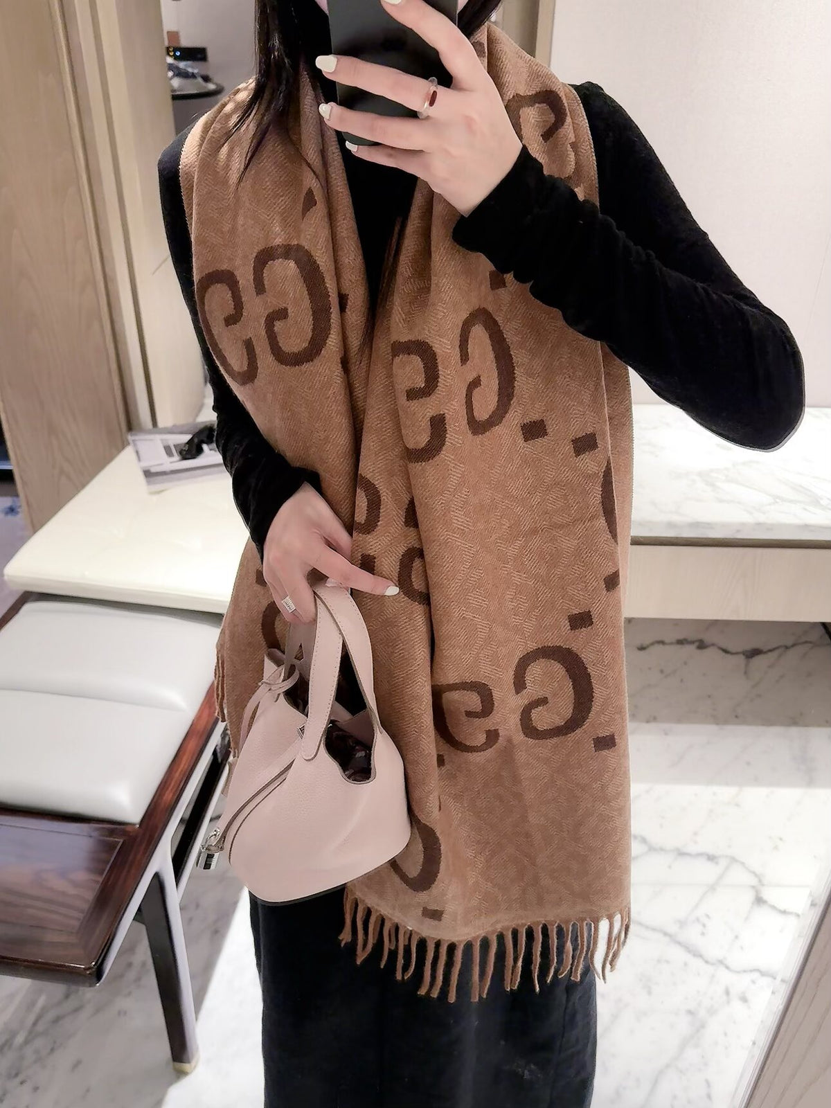 Oversized Double-G Motif Fringed Scarf