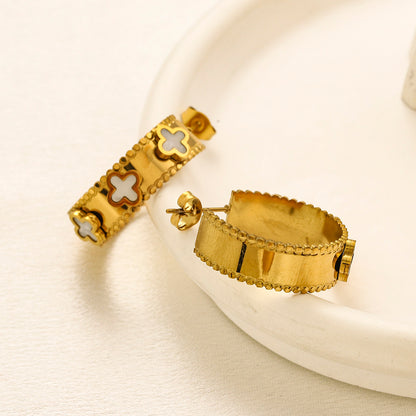 304 Stainless Steel Quatrefoil Inlay Hoop Earrings