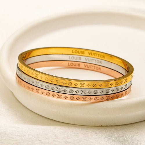 304 Stainless Steel Engraved Floral Monogram Bangle Bracelet