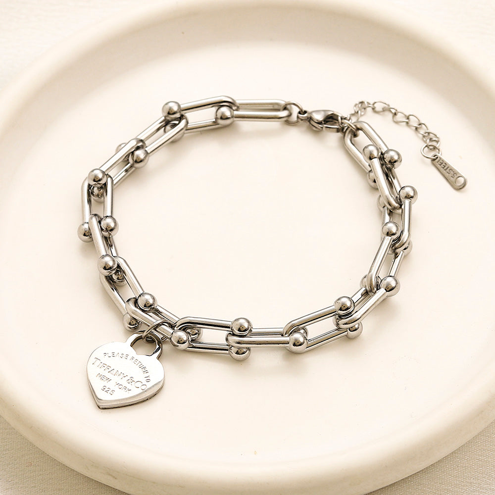 304 Stainless Steel Heart Charm Paperclip Chain Bracelet