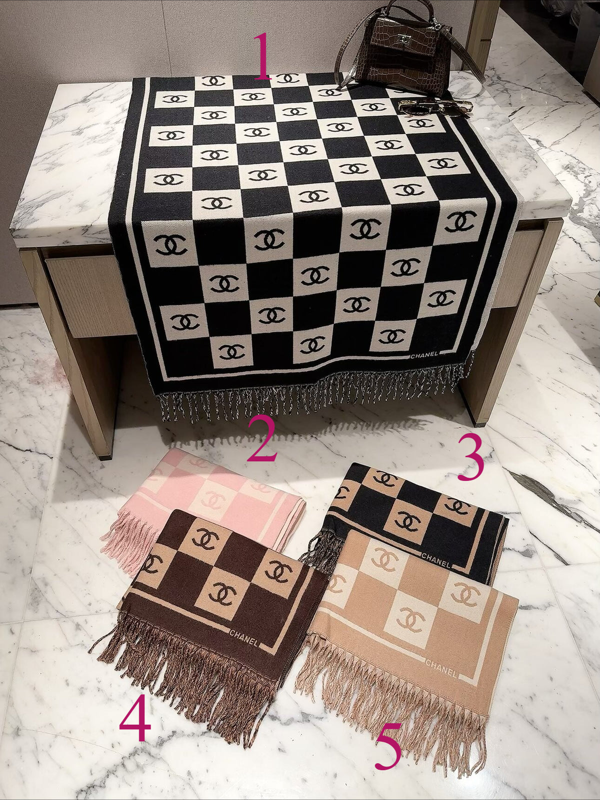 Checkerboard Monogram Scarf with Fringed Ends