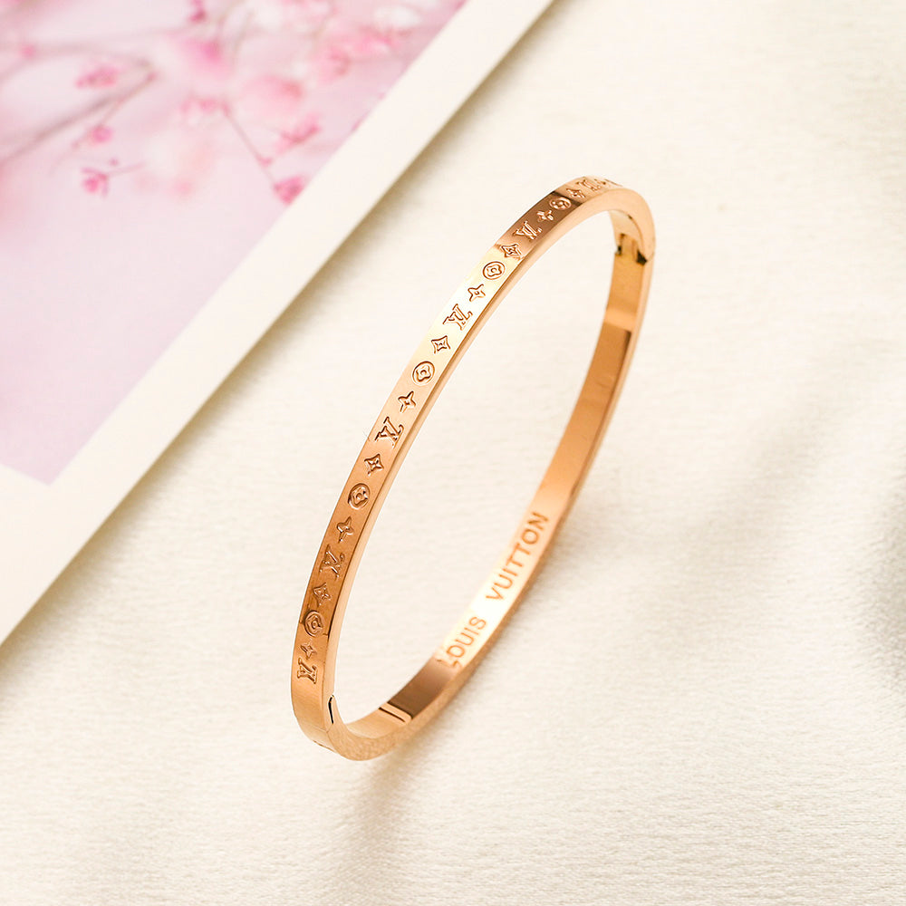 304 Stainless Steel Engraved Floral Monogram Bangle Bracelet