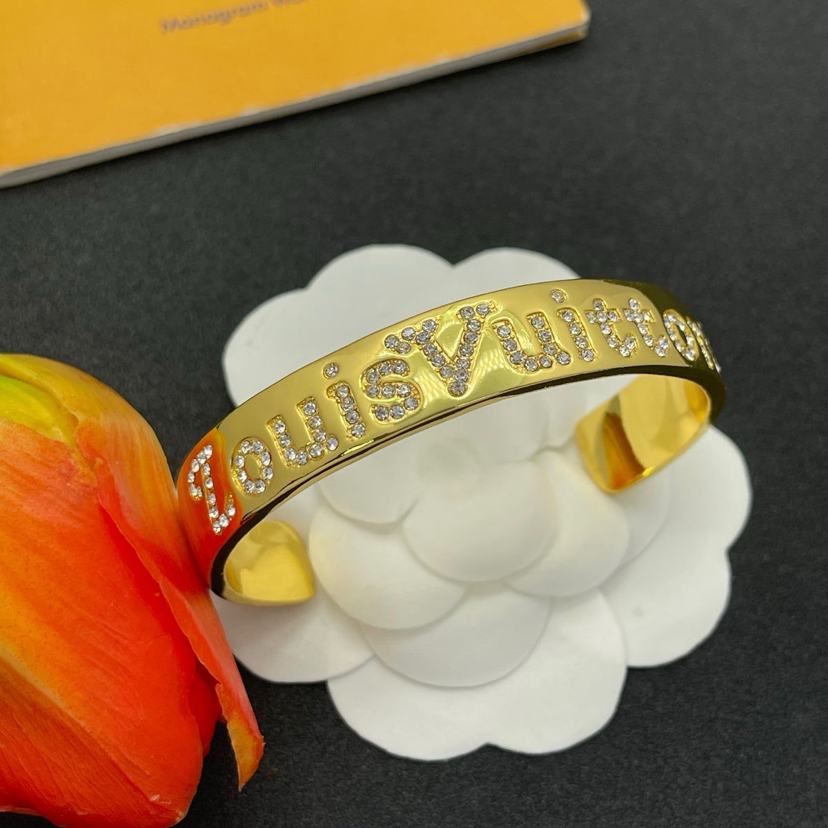 Pave Floral Monogram Open Cuff Bracelet