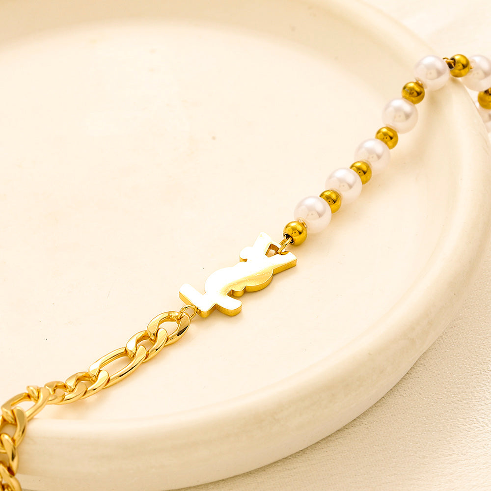 304 Stainless Steel Half-Bead Half-Chain Pave Motif Bracelet