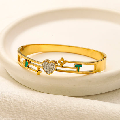304 Stainless Steel Color-Block Heart & Letter Bangle Bracelet