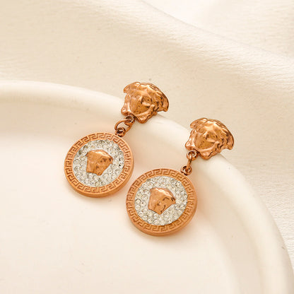 304 Stainless Steel Pave Round Medallion Drop Earrings