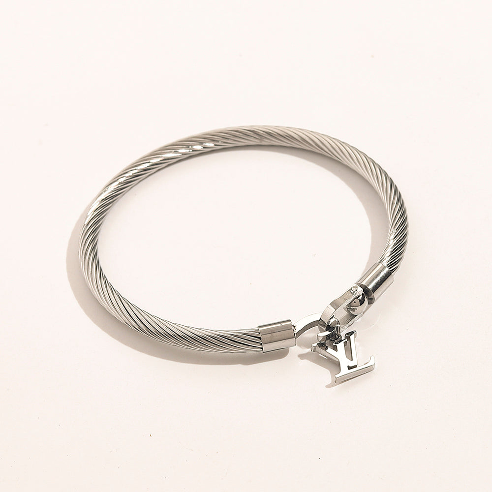 304 Stainless Steel Mesh Cord Bracelet with Monogram Charm