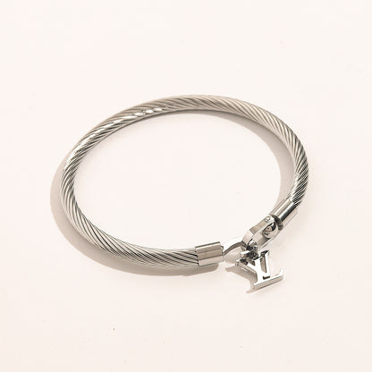 304 Stainless Steel Mesh Cord Bracelet with Monogram Charm