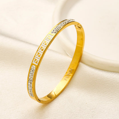304 Stainless Steel Color-Inlay Lettering Pave Bangle Bracelet