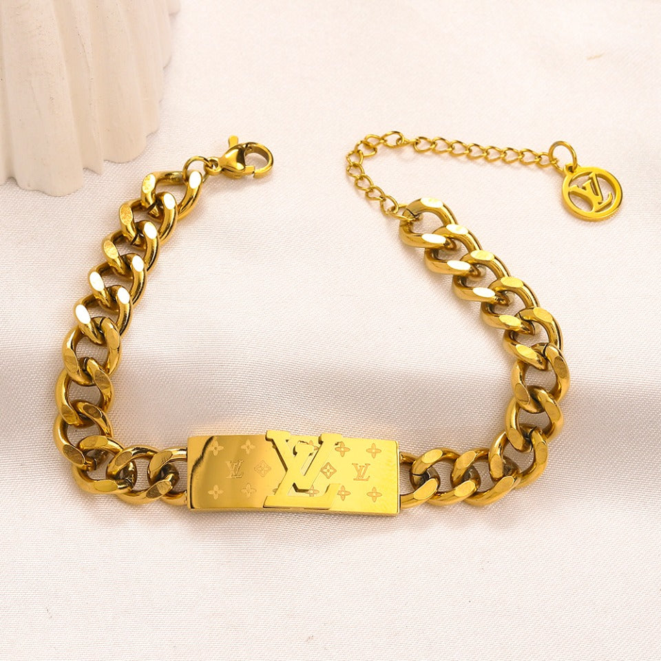 304 Stainless Steel Engraved Monogram Plate Curb Chain Bracelet