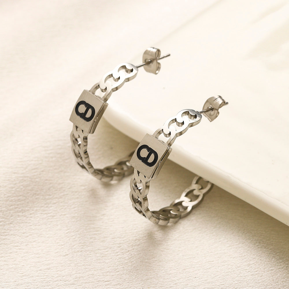 304 Stainless Steel Letter-Accent Chain Hoop Earrings