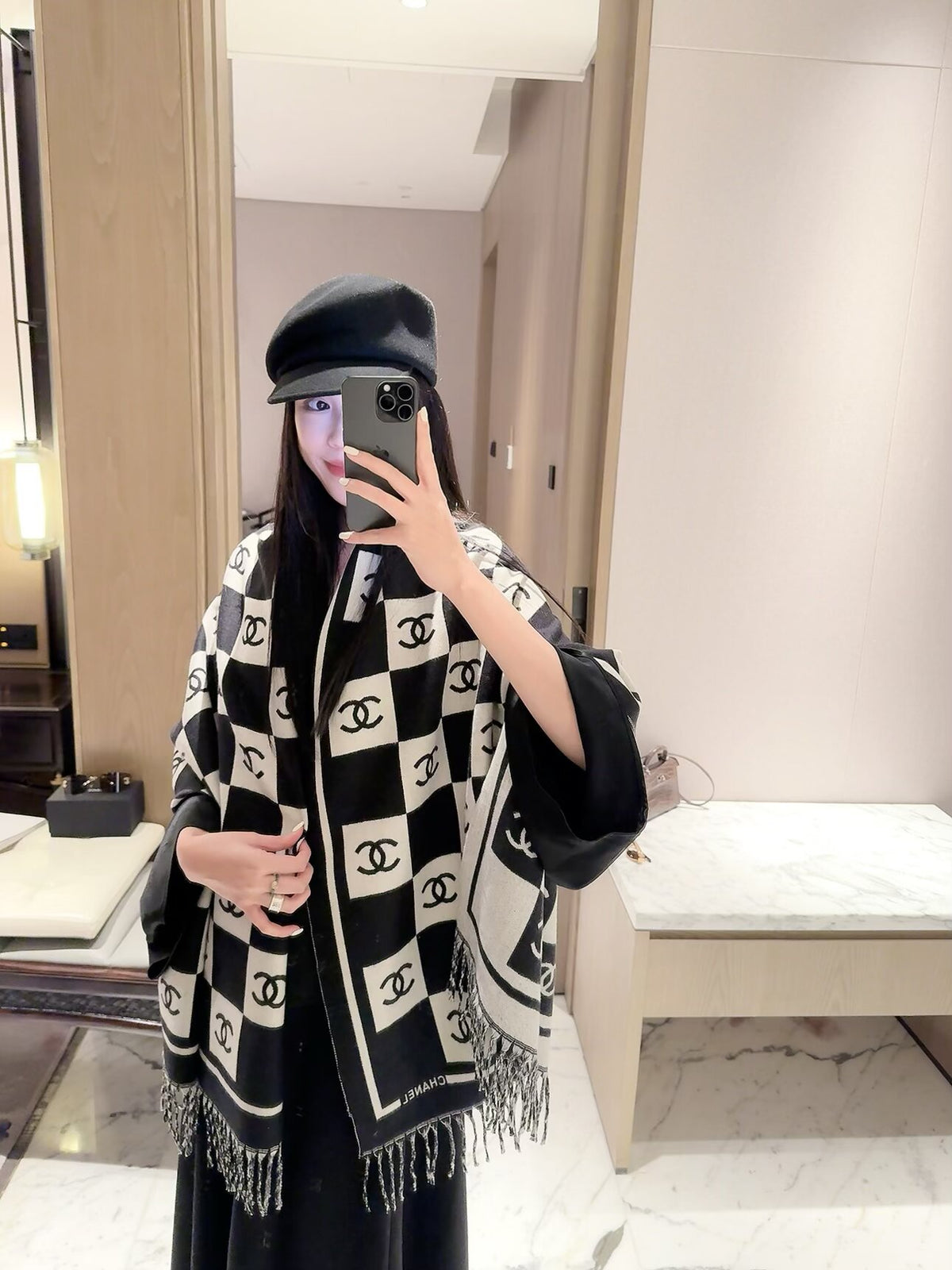 Checkerboard Monogram Scarf with Fringed Ends