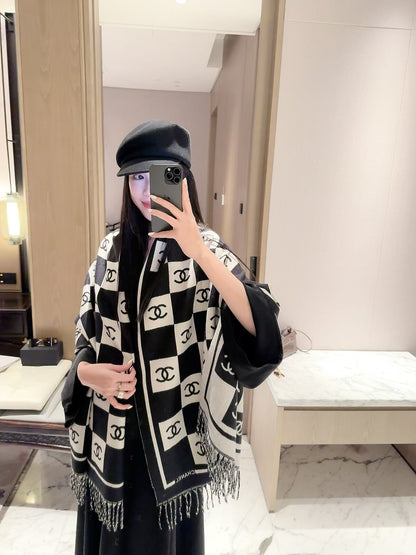 Checkerboard Monogram Scarf with Fringed Ends