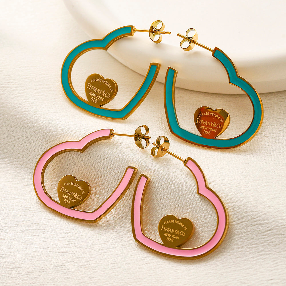 304 Stainless Steel Colorful Heart Outline Hoop Earrings