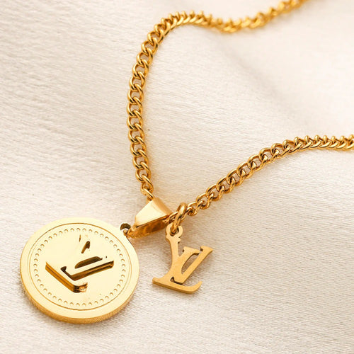 304 Stainless Steel Round Medallion & Monogram Charm Necklace