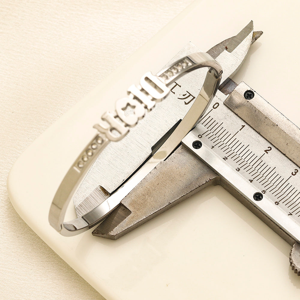304 Stainless Steel Lettering Pave-Edge Bangle Bracelet