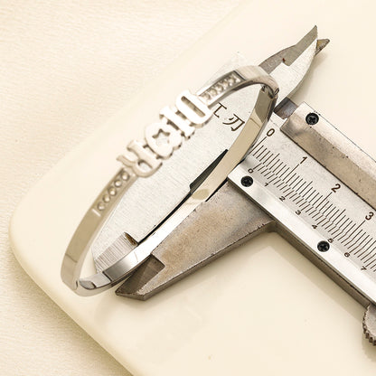 304 Stainless Steel Lettering Pave-Edge Bangle Bracelet