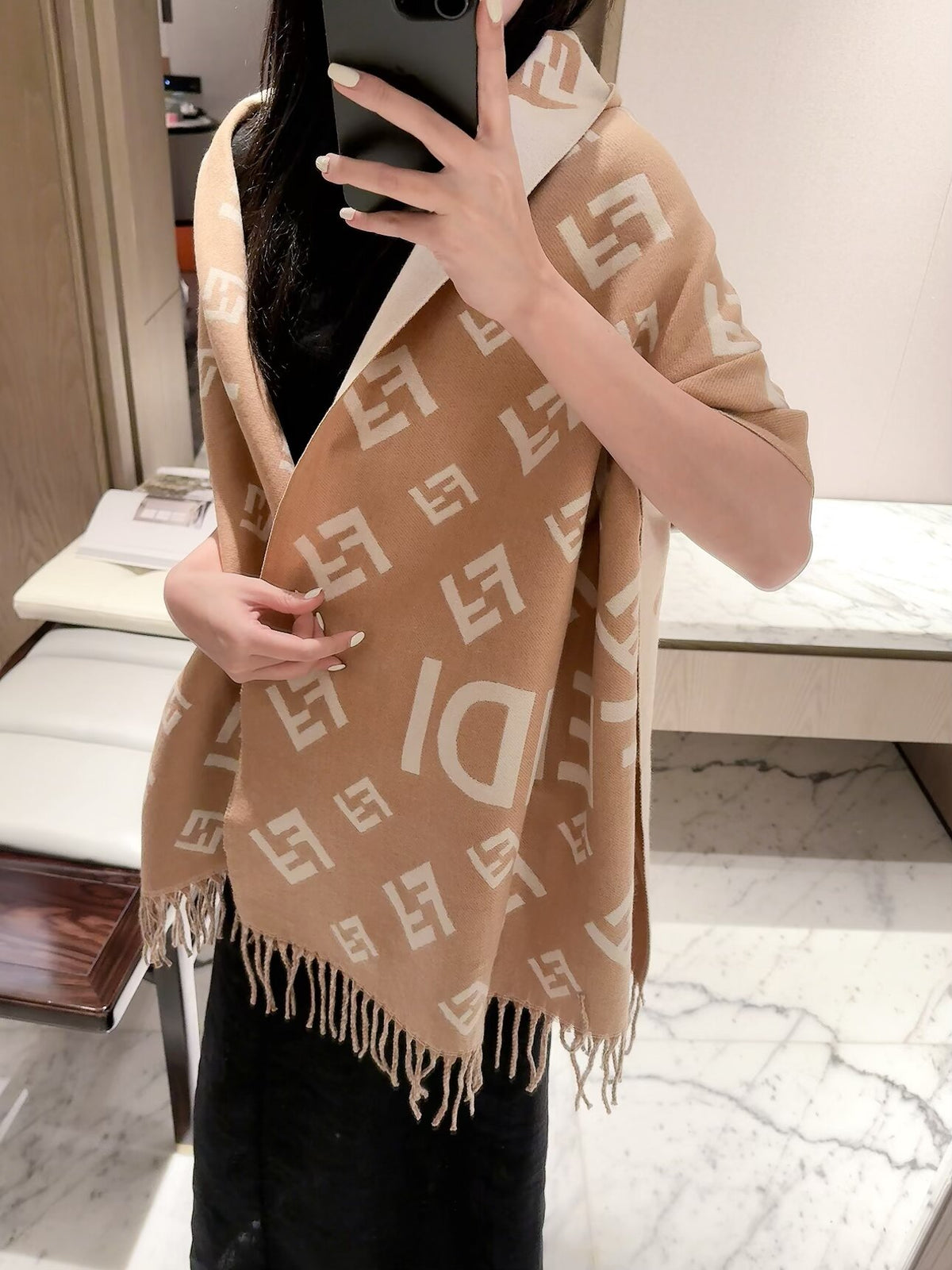 Geometric F-Motif Fringed Scarf