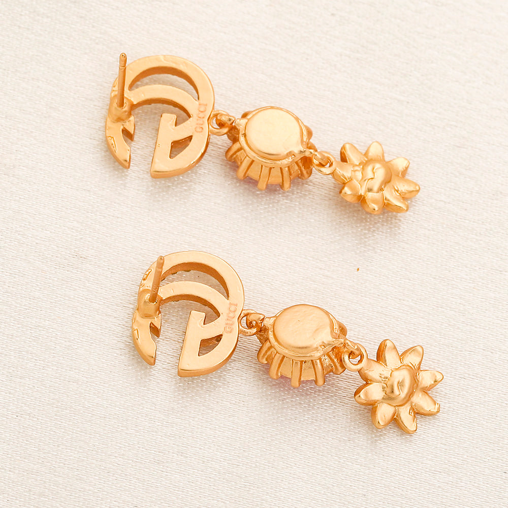 304 Stainless Steel Floral Stone Interlocking-G Dangle Earrings