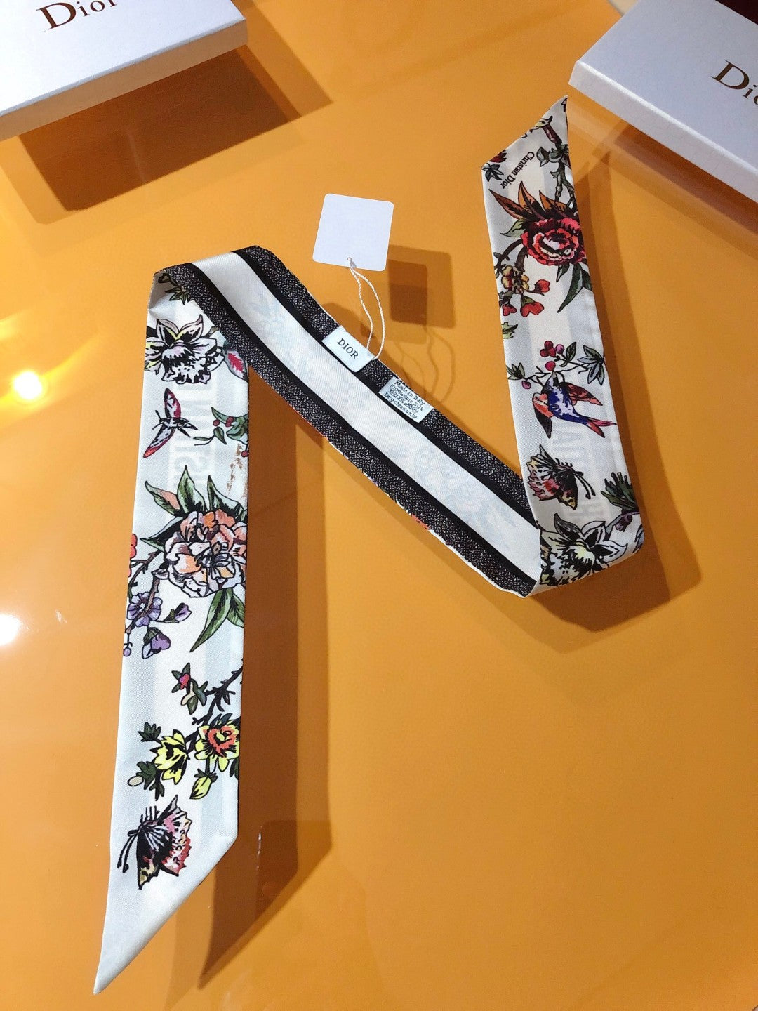 Botanical Print & Stripe Ribbon Scarf - 5 x 120 cm