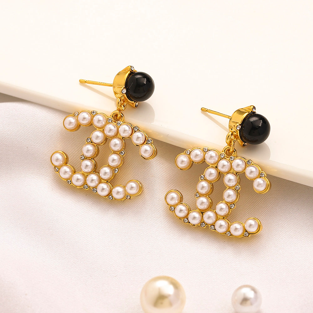 Alloy Black Stud & Pearl-Effect Interlocking-C Drop Earrings